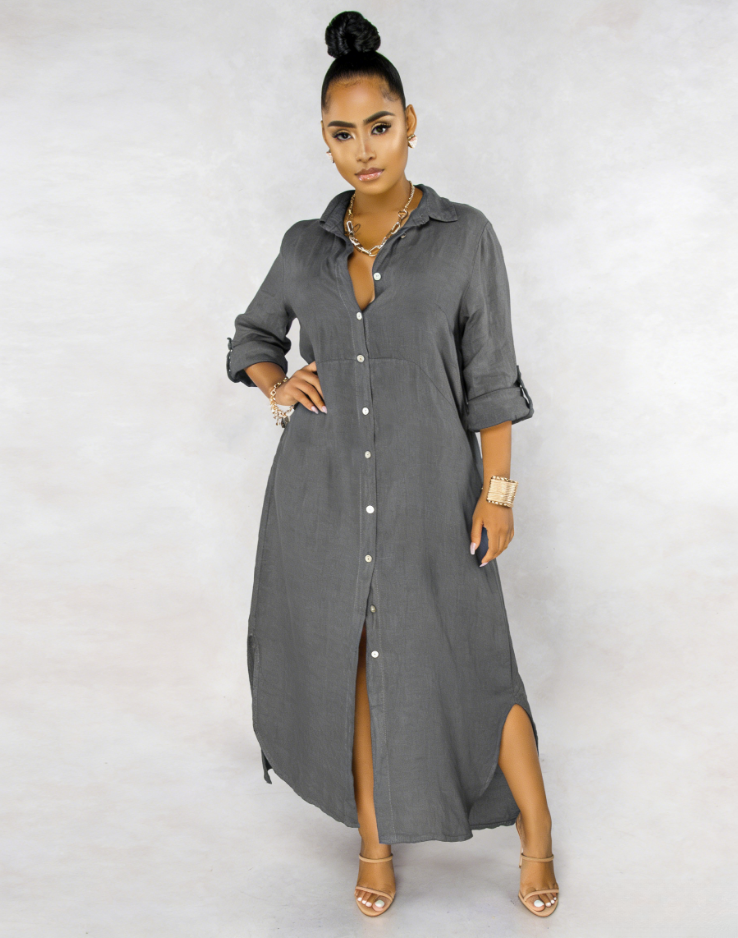 2026🔥 Three-quarter sleeve rolled hem side slit shirt dress