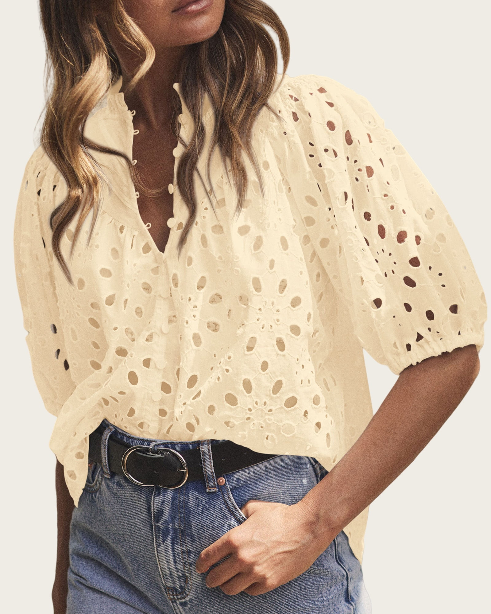 Short Lantern Sleeve Button Hollow Lace Embroidery Shirt