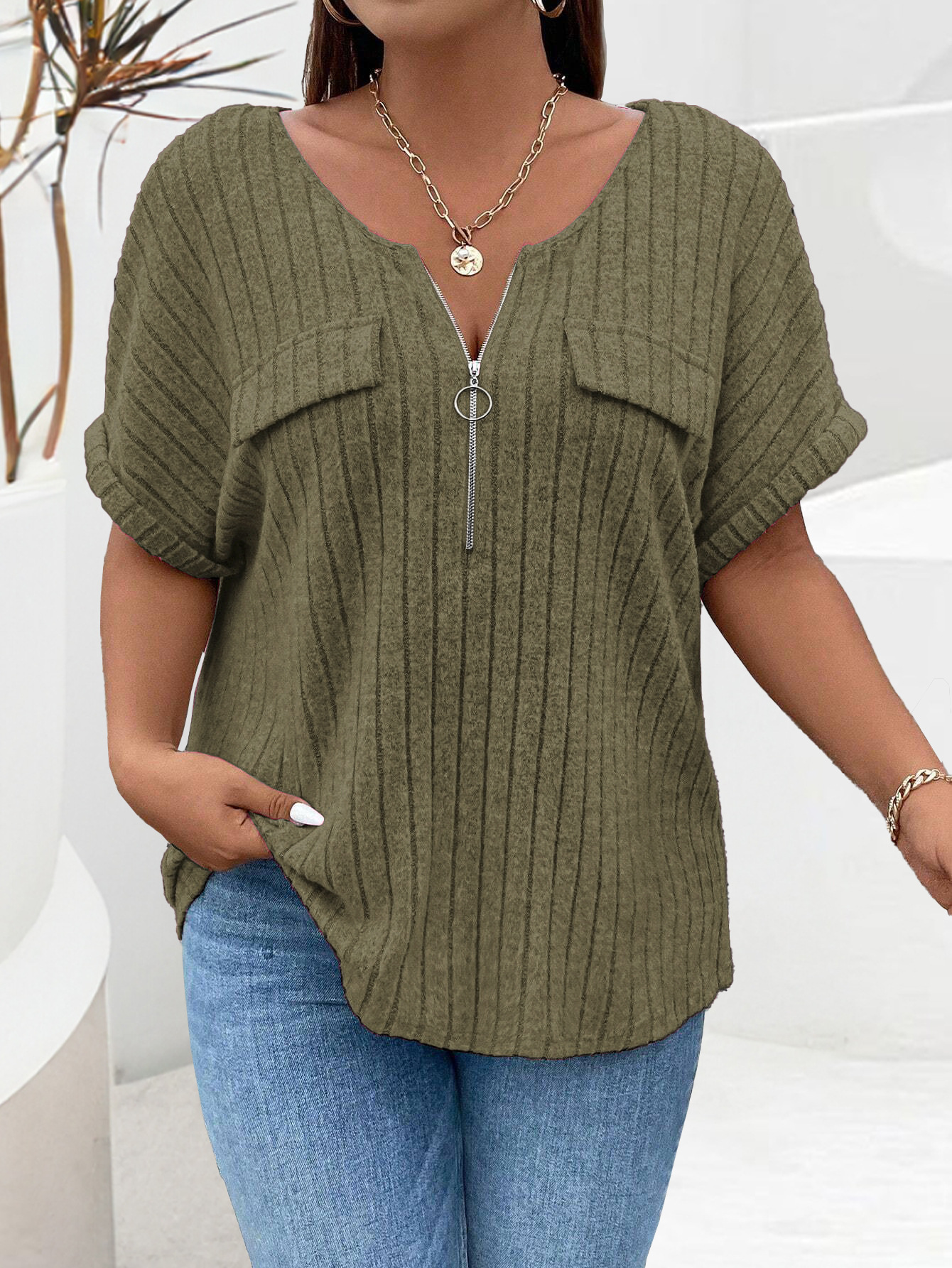 2025 Casual Plain Plus Size T-Shirt Ring Zipper