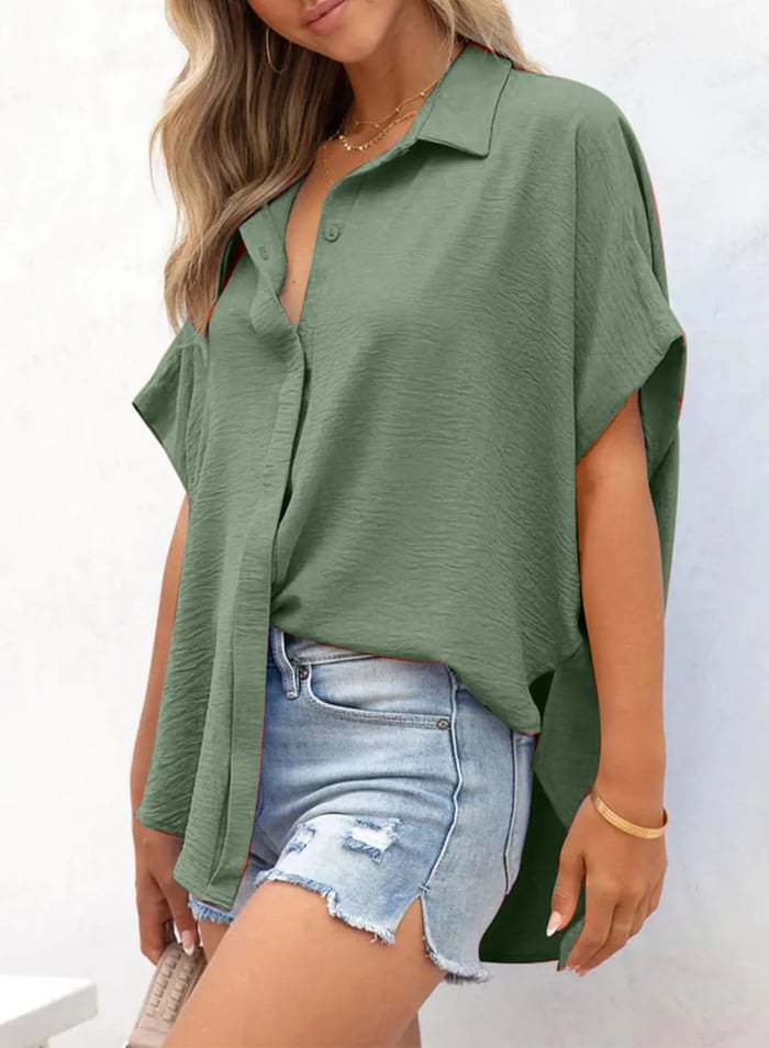 2025 new solid color casual button short-sleeved women's shirt