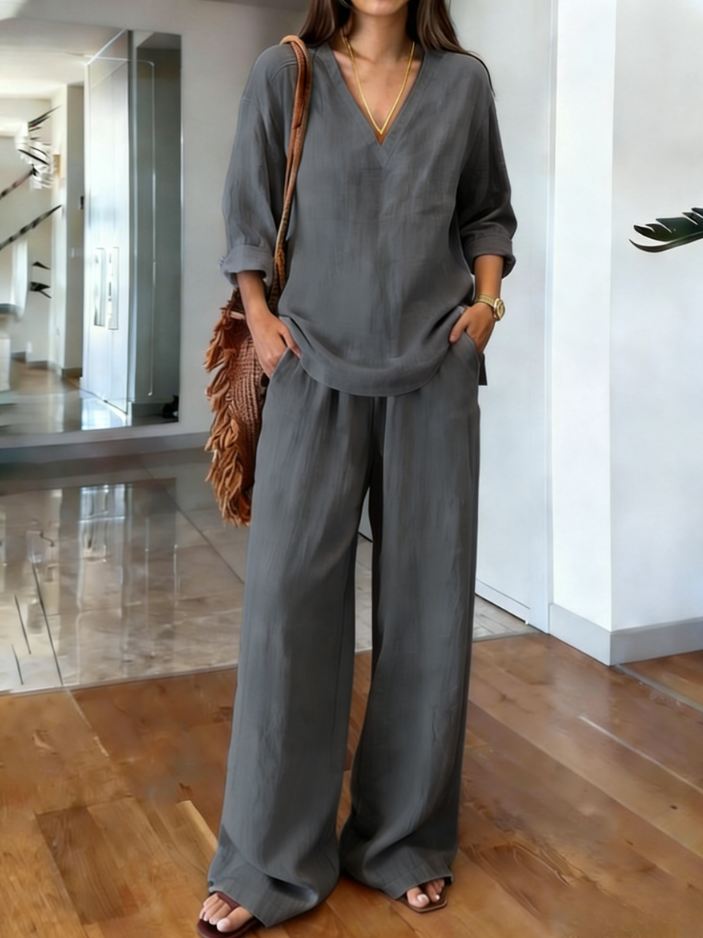 2026 Casual solid color V-neck cotton and linen two-piece set