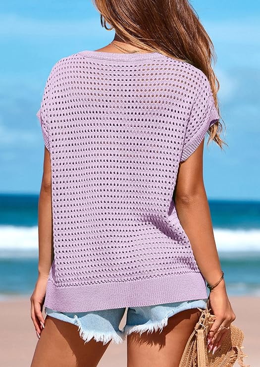 Women's Crochet Sweater Pullover Cute Crew Neck Beach Cover-up