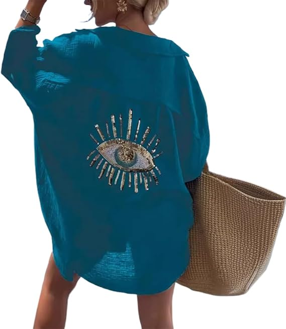 Loose-fitting linen sequined beach shirt