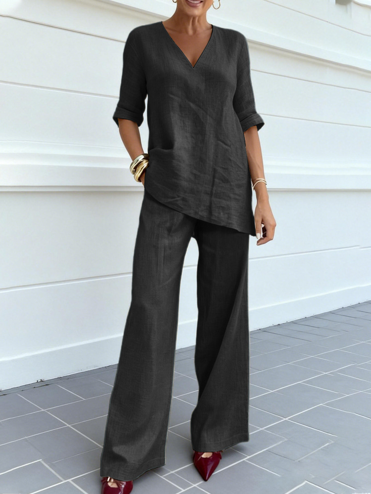 2026 Casual V-neck Solid Color Cotton Linen Wide-Leg Pants Two-Piece Set