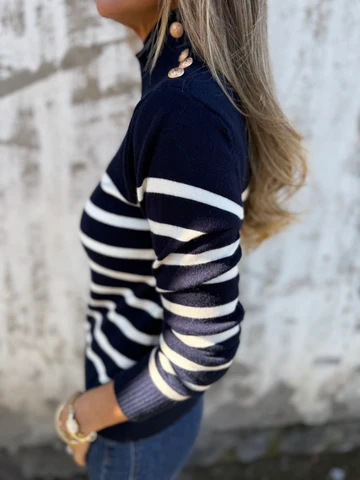 2025 New🔥Casual Loose Striped High Neck Button Women's Knitted Sweater Top