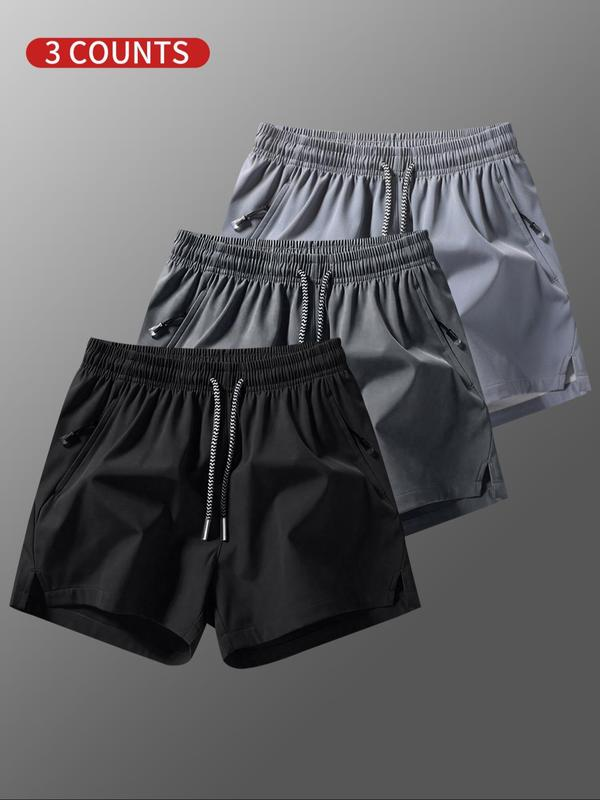Men's Plain Solid Color Drawstring Short Pants，Zip Pocket