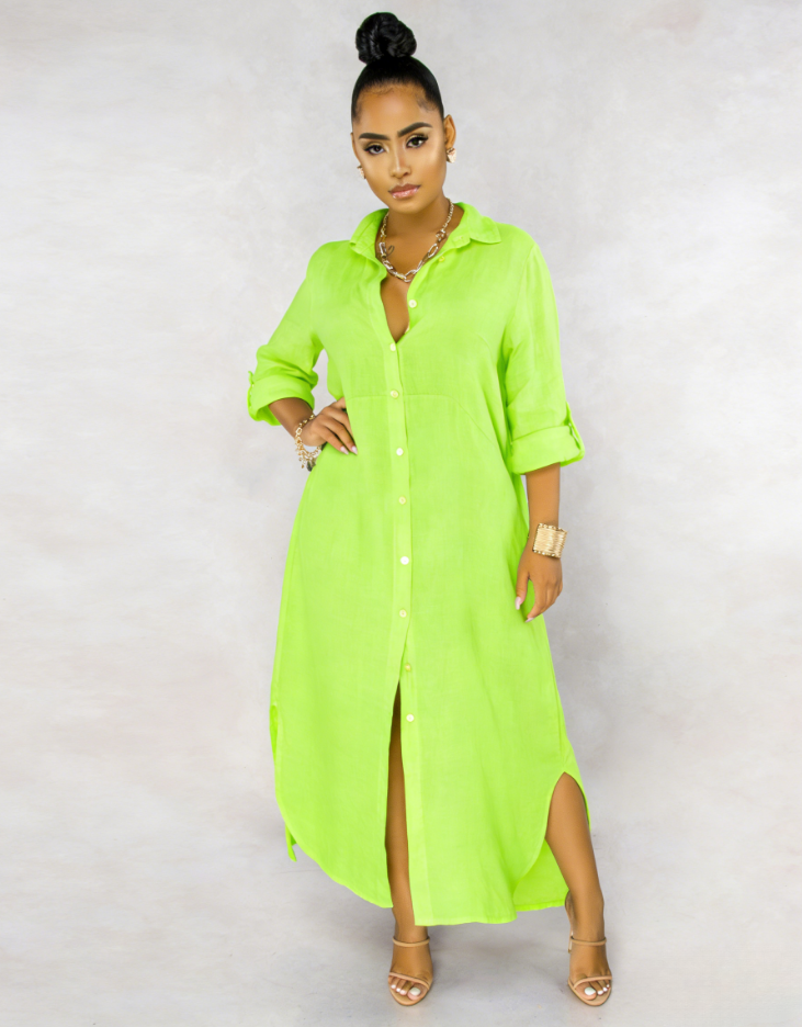 2026🔥 Three-quarter sleeve rolled hem side slit shirt dress