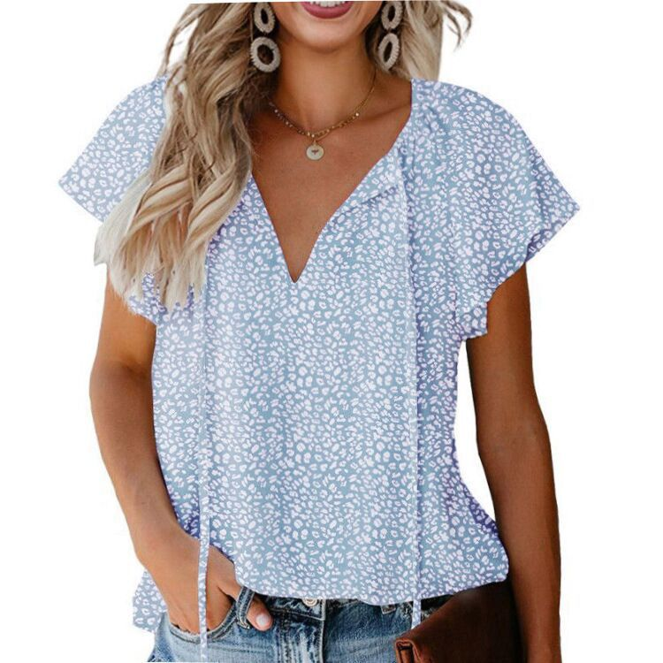 2026 Casual V-neck floral print loose-fitting simple short-sleeved top