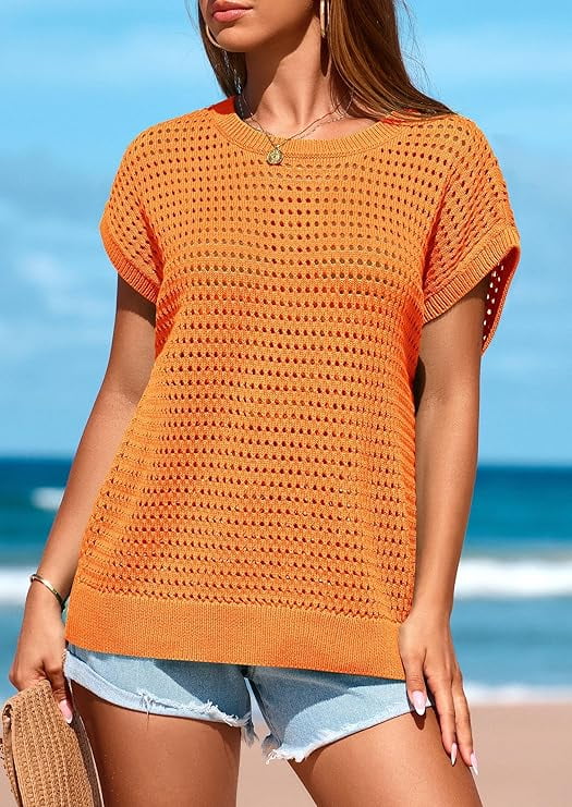 Women's Crochet Sweater Pullover Cute Crew Neck Beach Cover-up