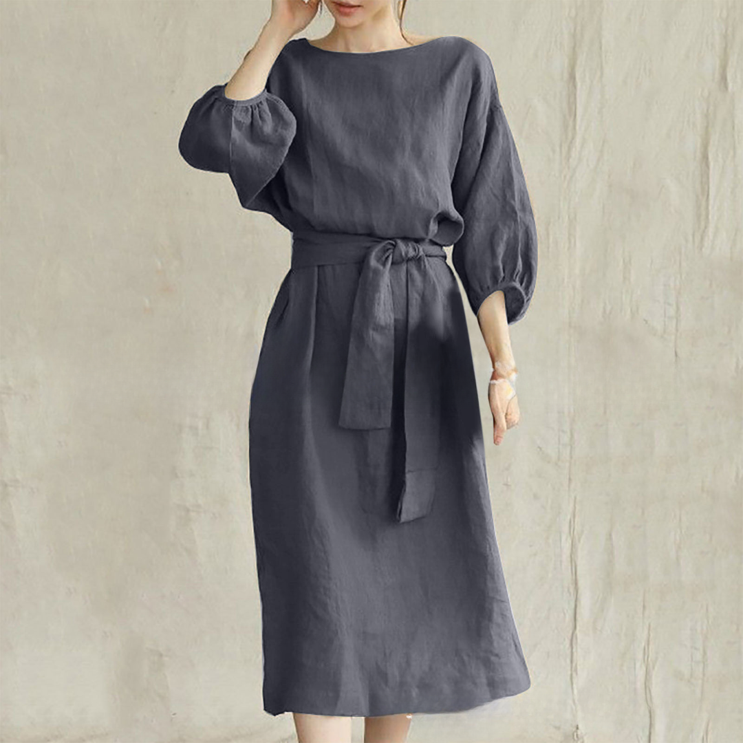 2026 Mid-length Tie-waist Solid Color Round Neck Dress