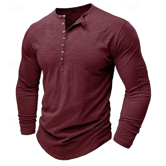 Men's Henley Long Sleeve Solid Color Button Shirt