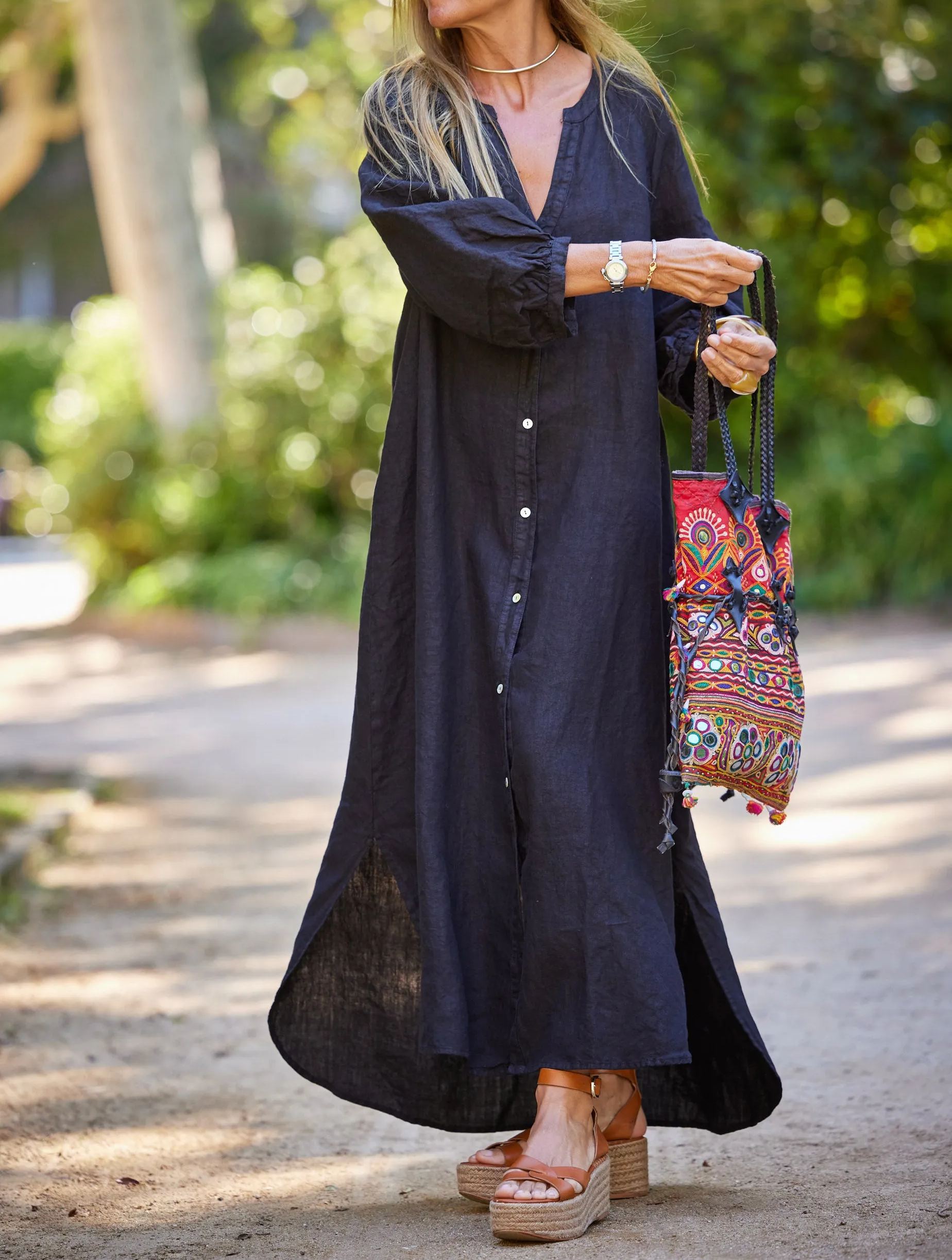 Vestido lino botones negro