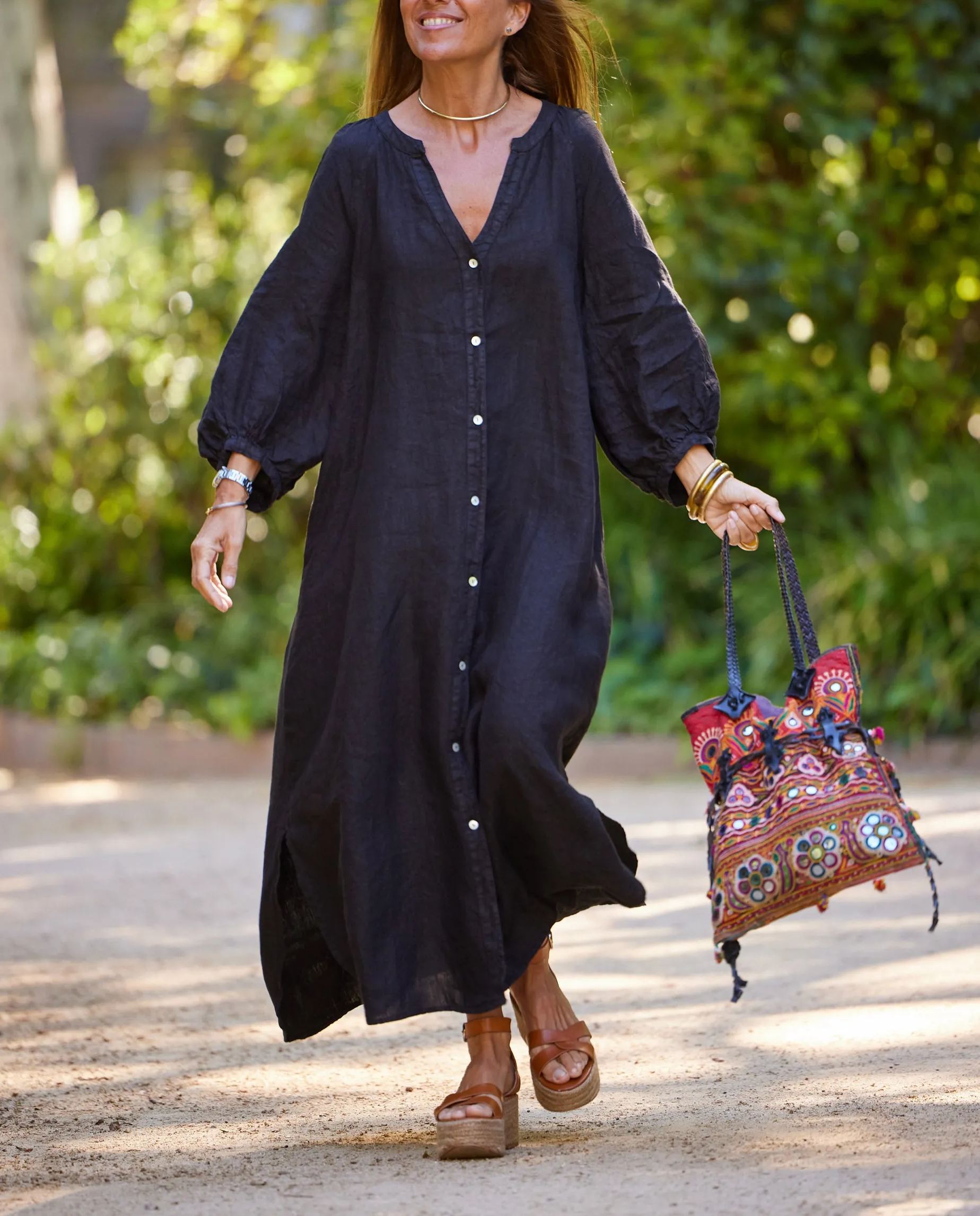 Vestido lino botones negro