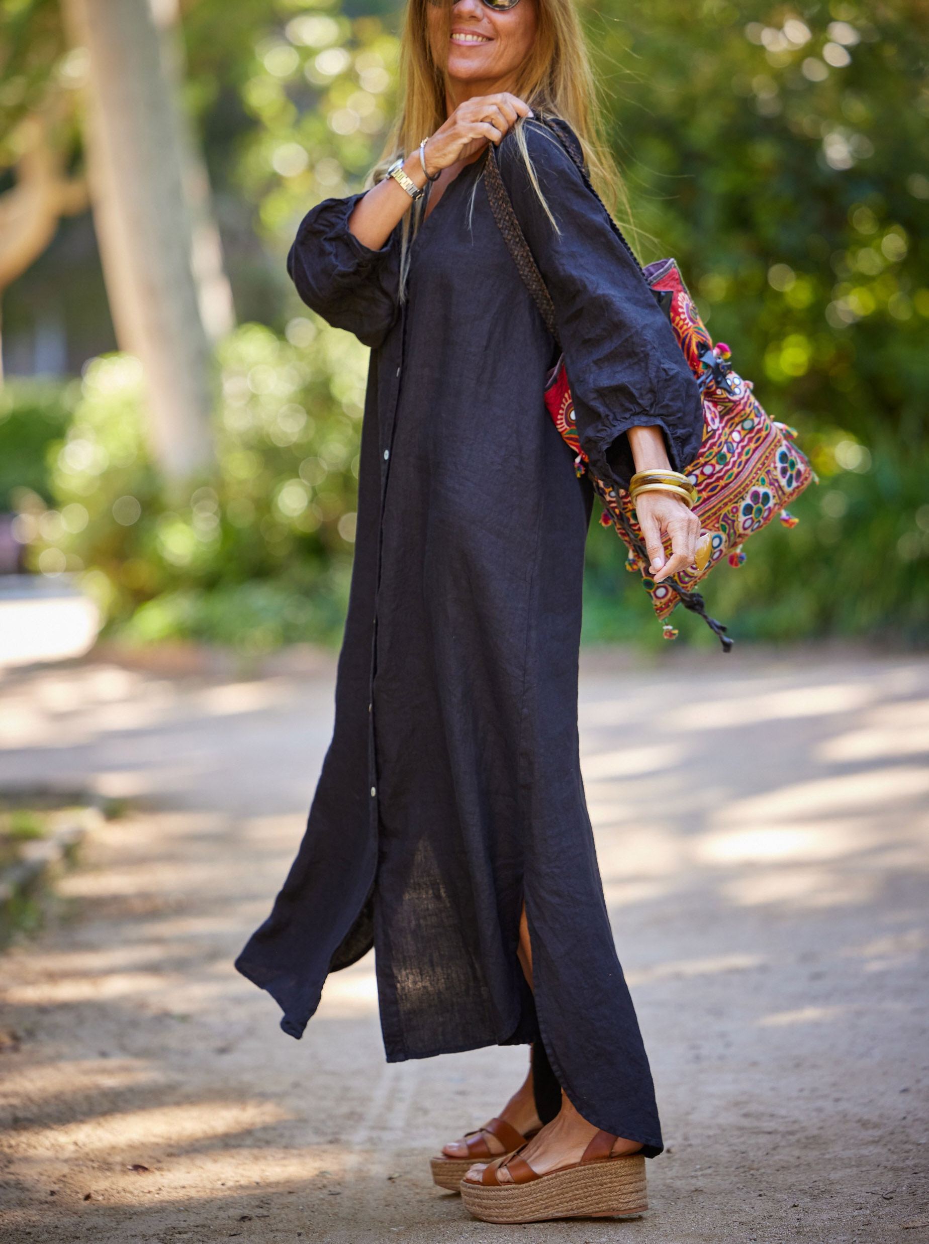 Vestido lino botones negro