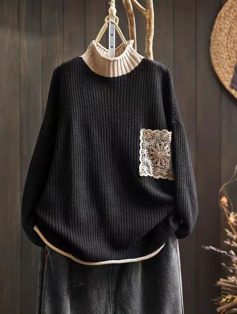 Turtleneck three-dimensional diamond Lace pockets knitted sweater