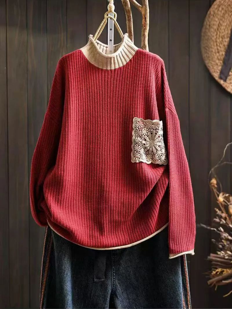 Turtleneck three-dimensional diamond Lace pockets knitted sweater