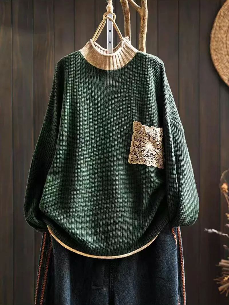 Turtleneck three-dimensional diamond Lace pockets knitted sweater