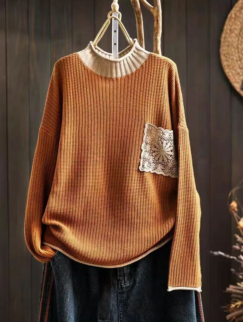 Turtleneck three-dimensional diamond Lace pockets knitted sweater