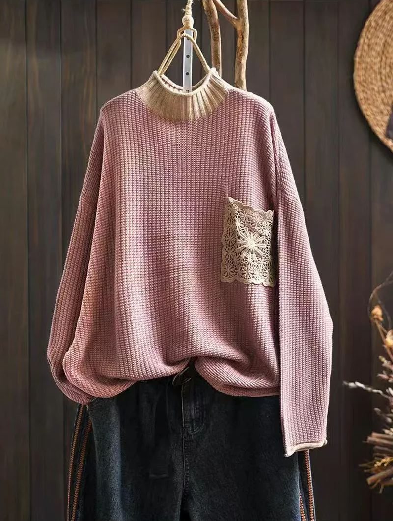 Turtleneck three-dimensional diamond Lace pockets knitted sweater