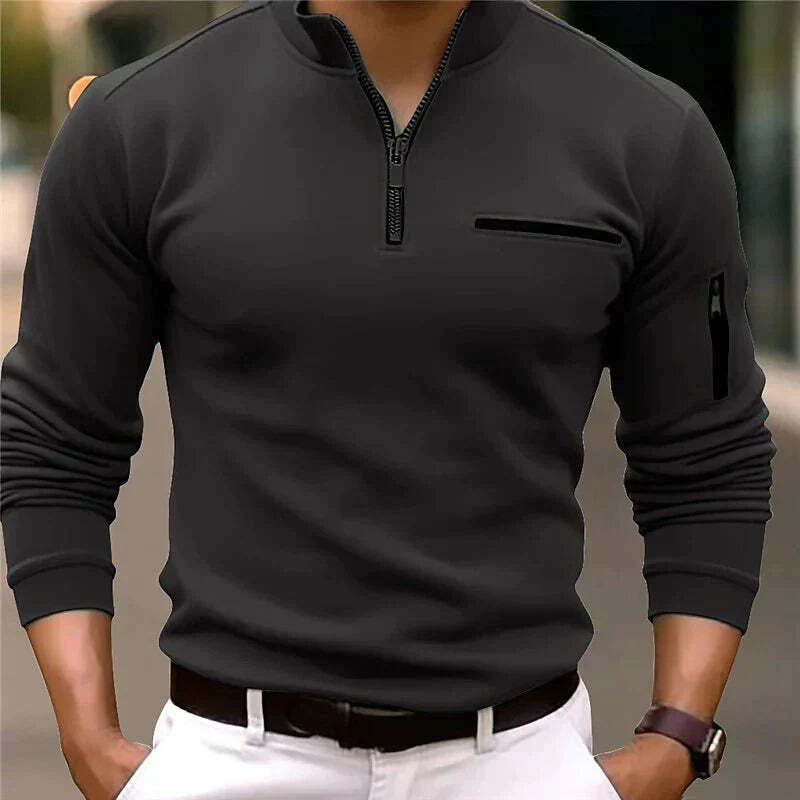 Men's Casual Standing Collar Pullover Sweatshirt Zip Polo Shirt