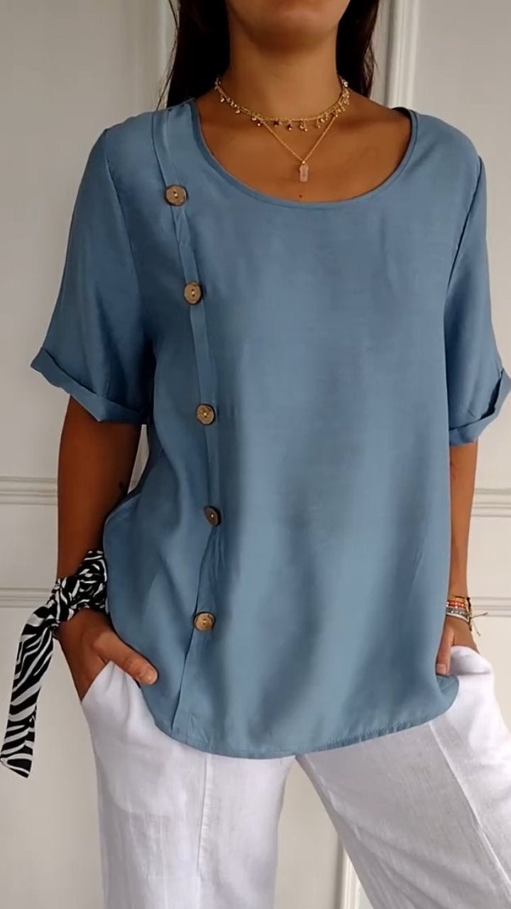 2024 Women's Round Neck Side Button Short Sleeve Top
