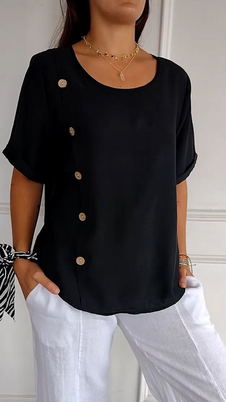 2024 Women's Round Neck Side Button Short Sleeve Top