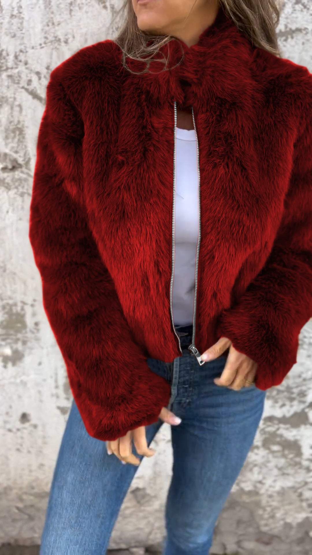 Chic Eco-friendly Faux Fur Stand Collar Zip-up Jacket