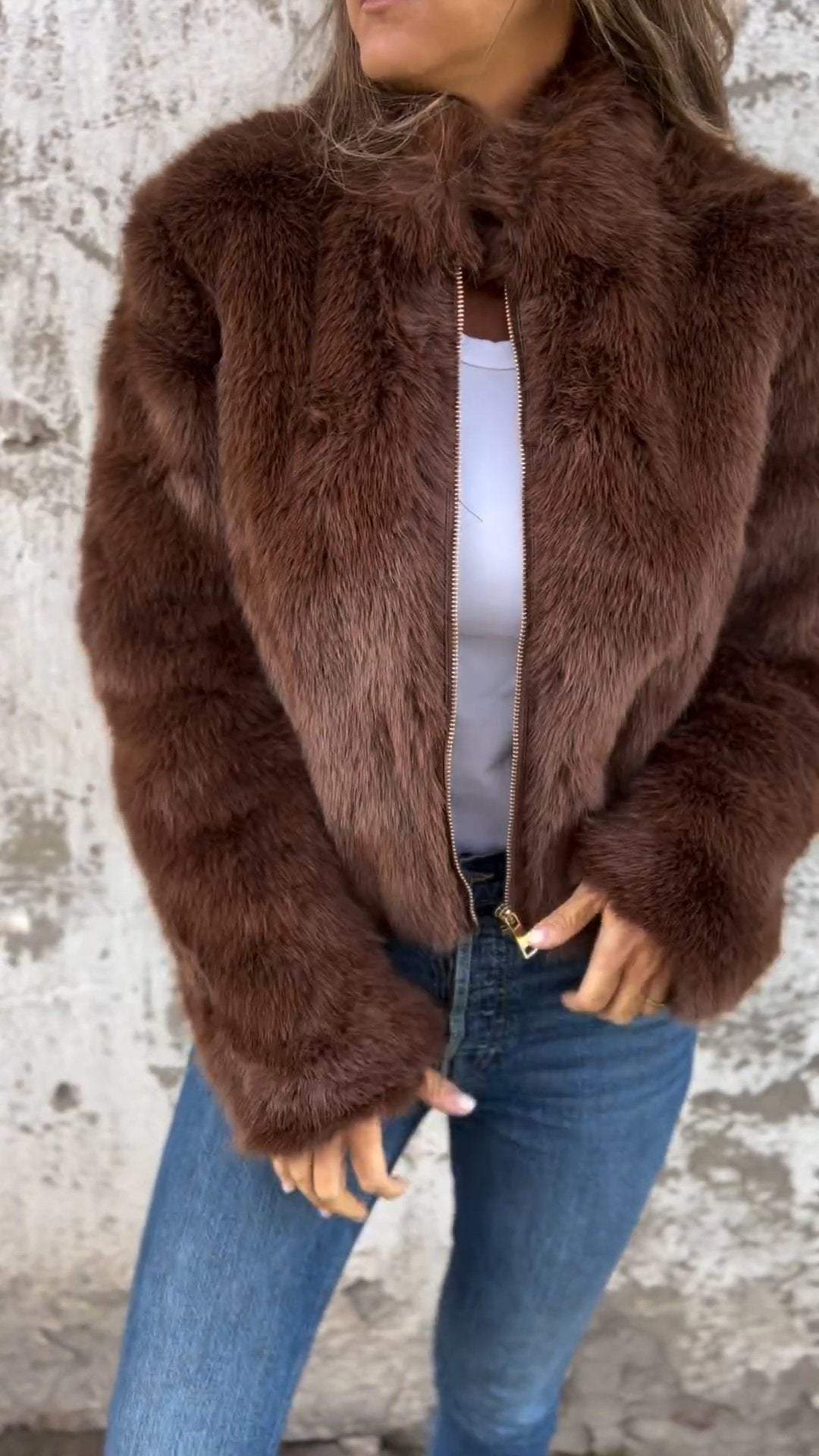 Chic Eco-friendly Faux Fur Stand Collar Zip-up Jacket