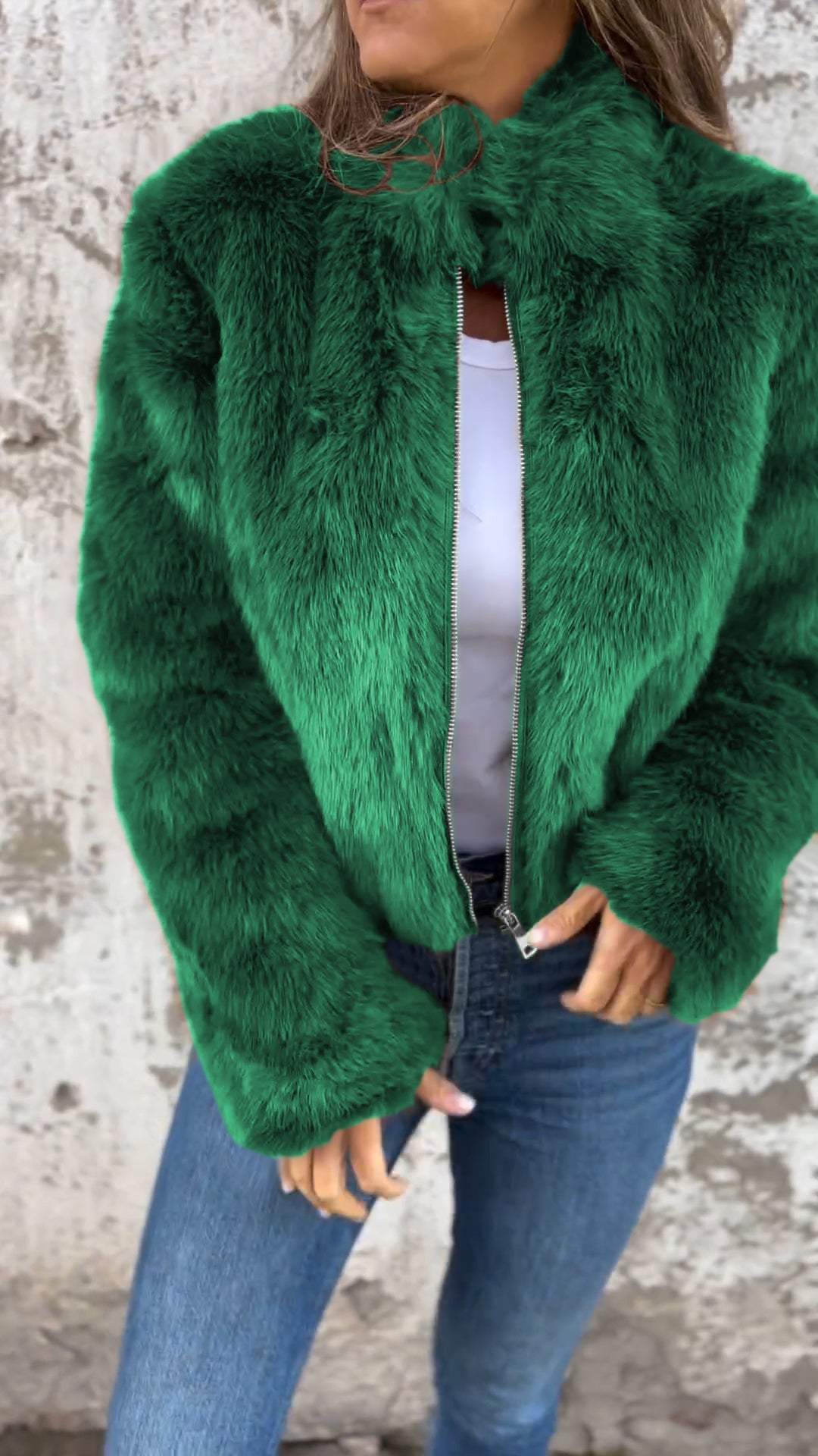 Chic Eco-friendly Faux Fur Stand Collar Zip-up Jacket
