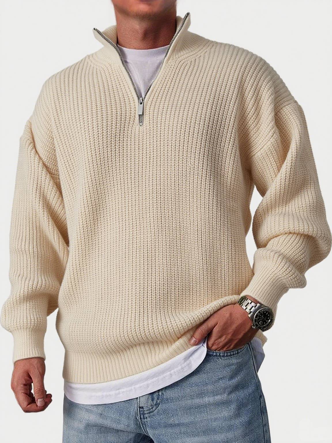 Men's Casual Fashion Loose Zipper Stand Collar Solid Color Sweater
