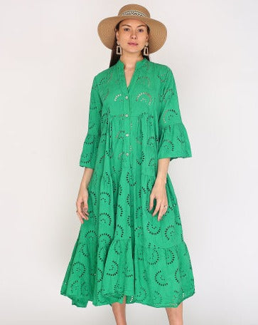 V-neck embroidered hollow lace long skirt