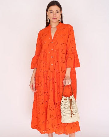 V-neck embroidered hollow lace long skirt