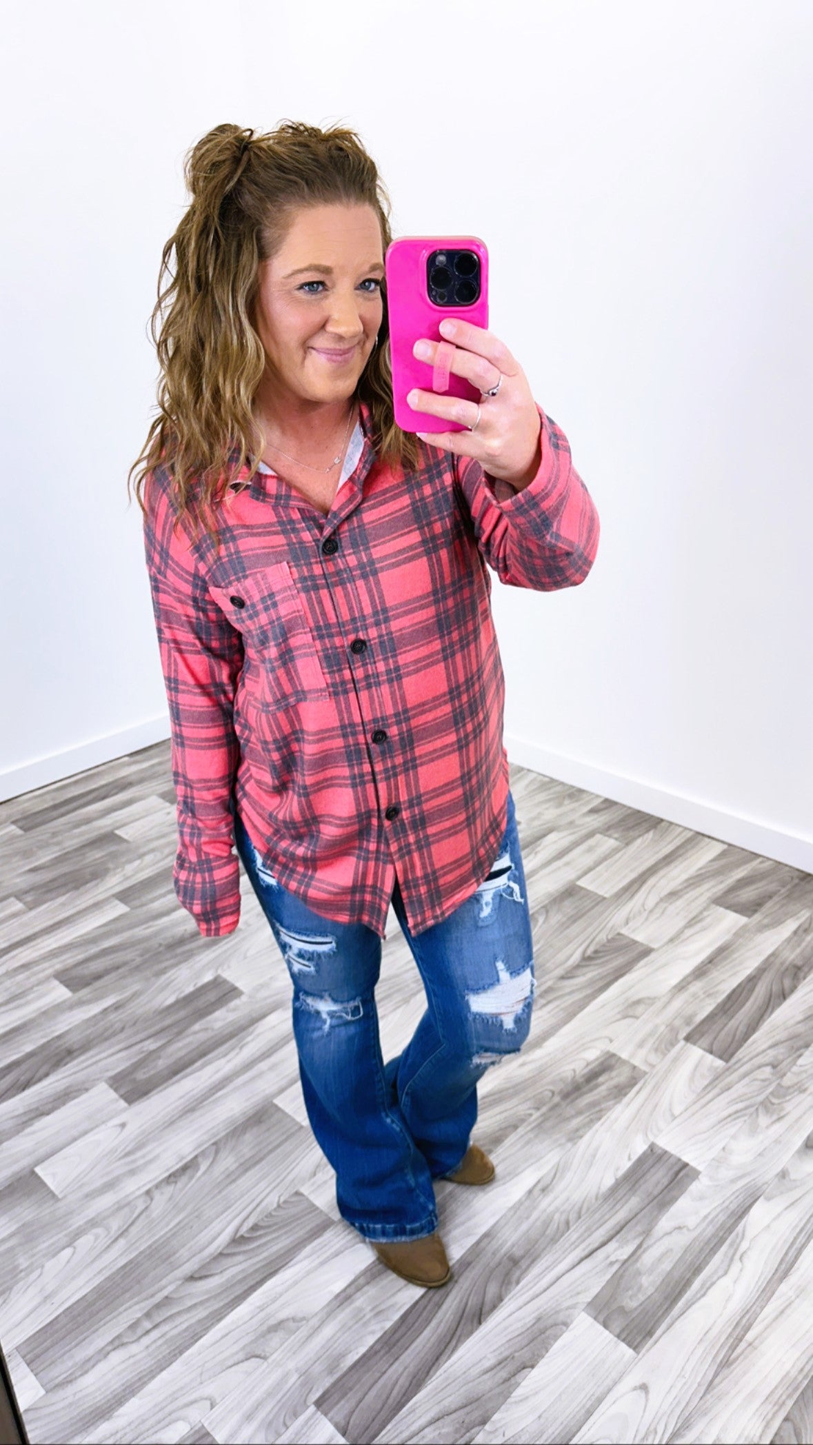 Red Black Plaid Oversized Fleece Button Up (SM-3X)