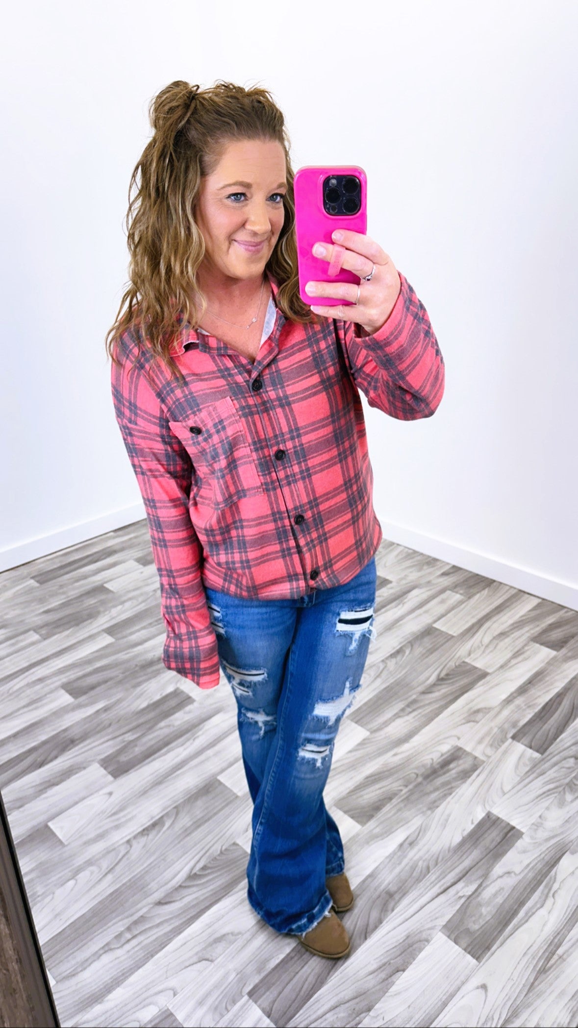 Red Black Plaid Oversized Fleece Button Up (SM-3X)