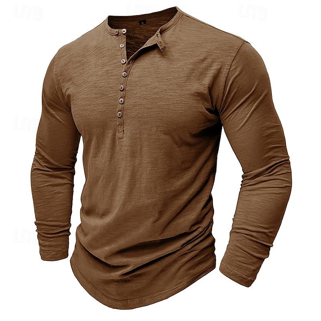 Men's Henley Long Sleeve Solid Color Button Shirt
