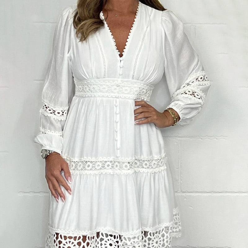 Vintage Cutout Lace Crew Neck Loose Dress