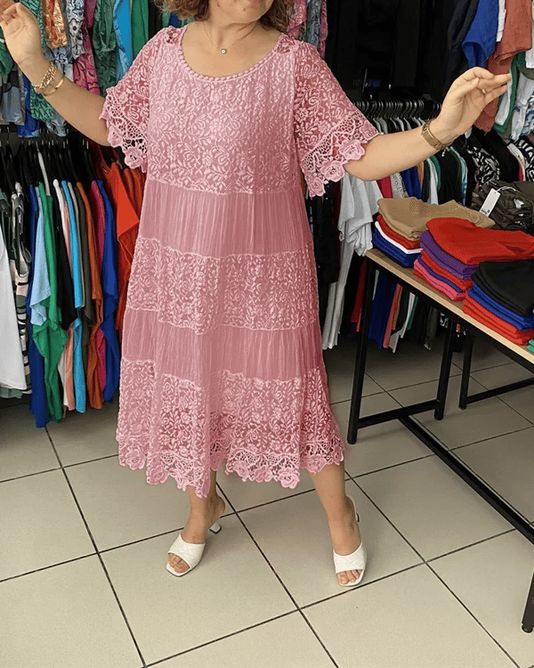 💕Einfarbiges Kleid mit kurzen Ärmeln und Spitze