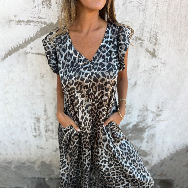 Women's V-Neck Leopard Print & Solid Jumpsuit