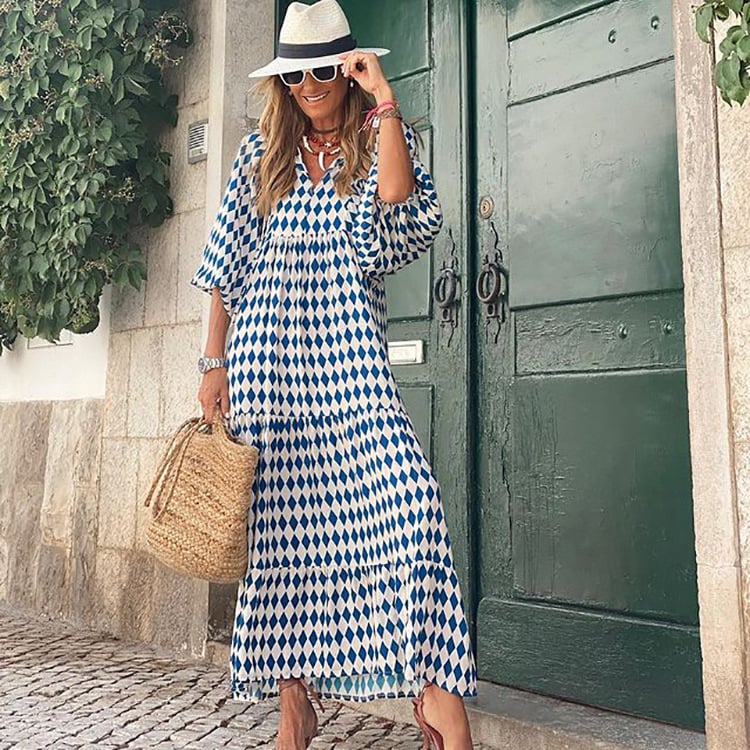 Loose print dress with puffy sleeves
