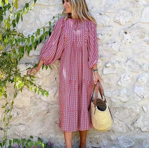 Loose print dress with puffy sleeves