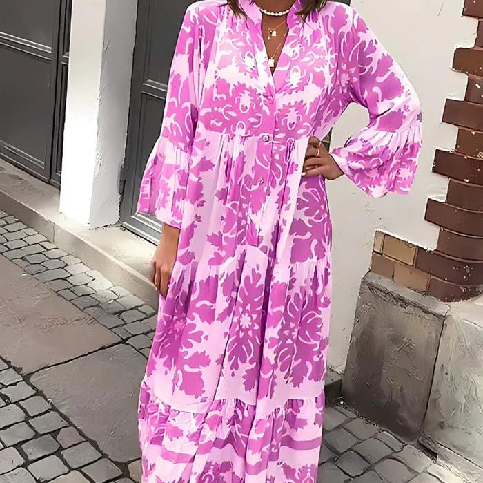 Stand Collar Flared Sleeve Printed Casual Dress