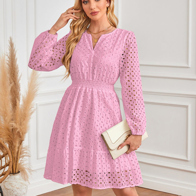 V-Neck Cutout Embroidered Pleated Long-Sleeved Dress