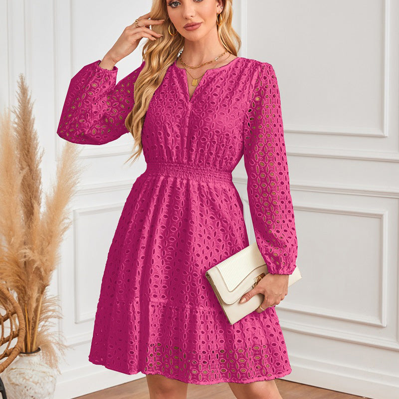 V-Neck Cutout Embroidered Pleated Long-Sleeved Dress