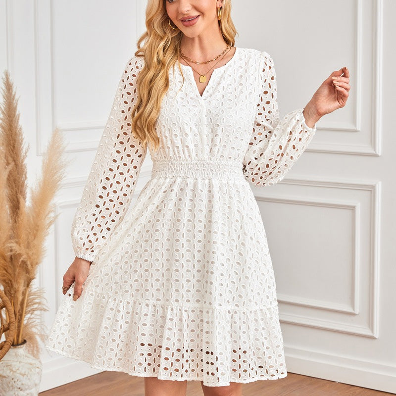 V-Neck Cutout Embroidered Pleated Long-Sleeved Dress