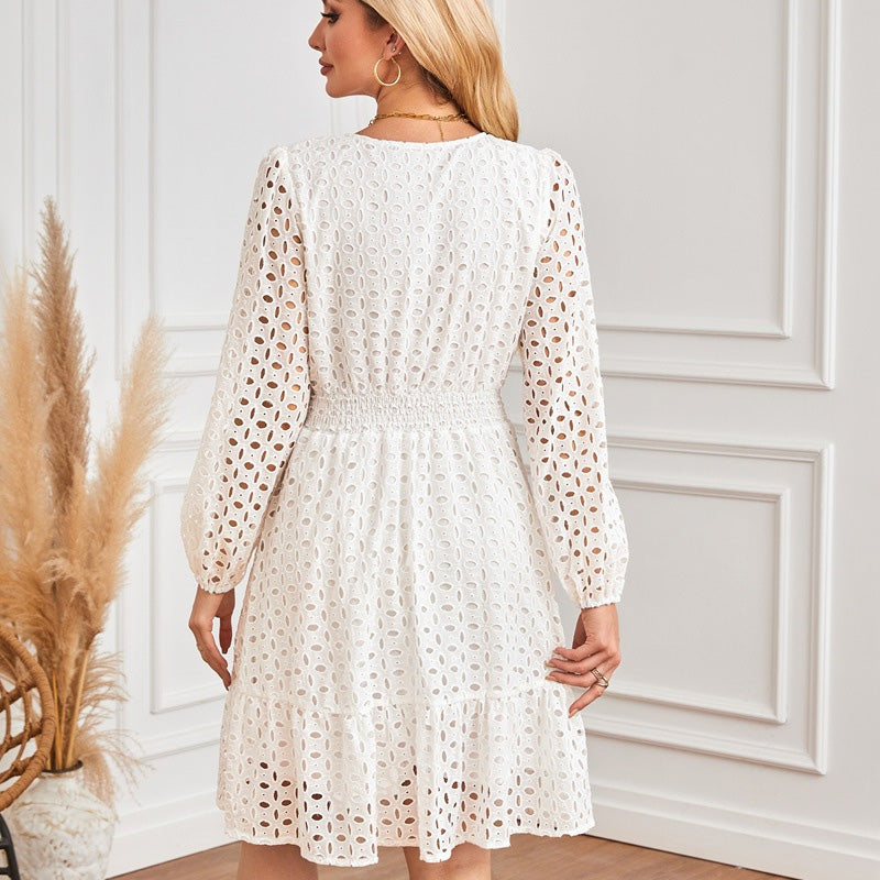 V-Neck Cutout Embroidered Pleated Long-Sleeved Dress