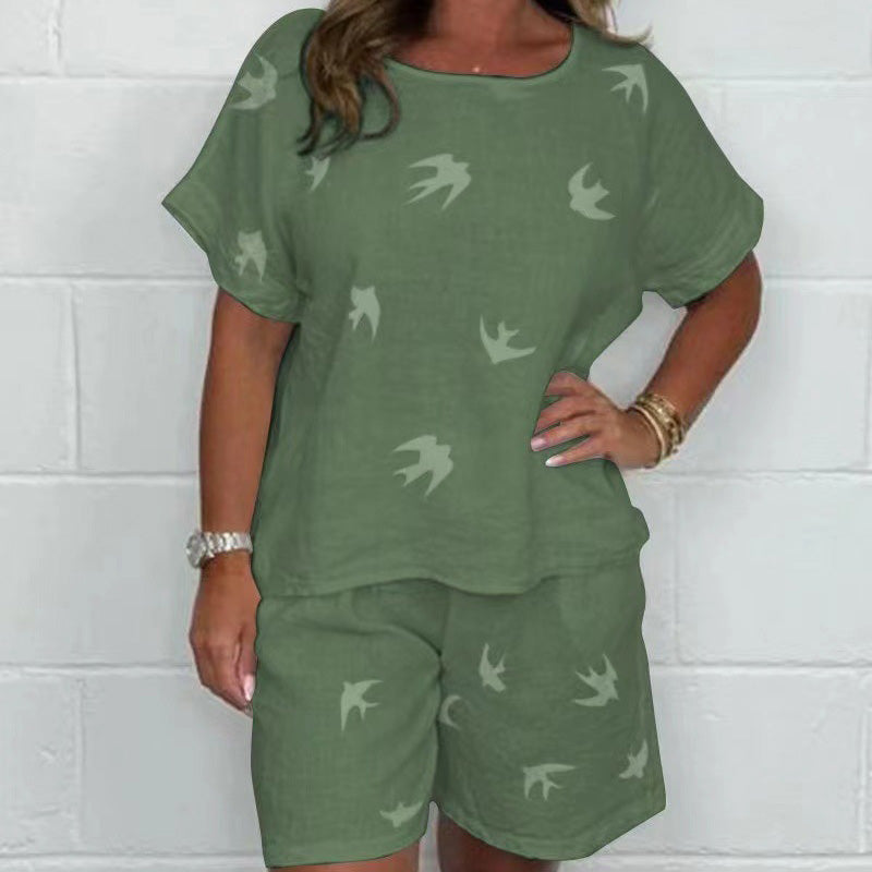 Casual Printed Cotton-Linen Short Sleeve Shorts Set