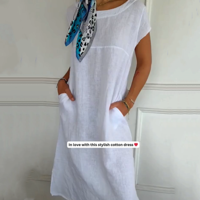 Round Neck Solid Color Cotton Linen Pocket Dress