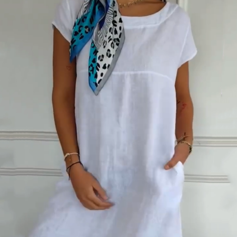 Round Neck Solid Color Cotton Linen Pocket Dress