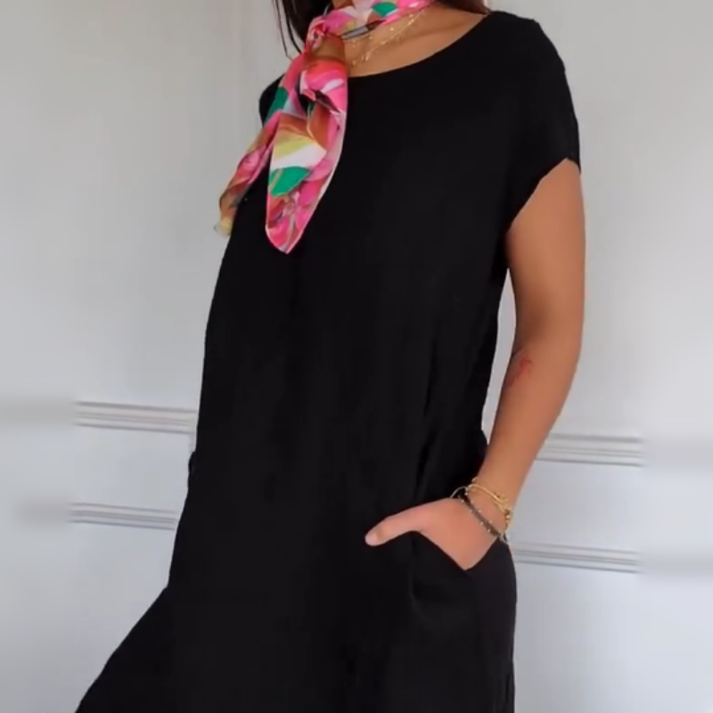 Round Neck Solid Color Cotton Linen Pocket Dress