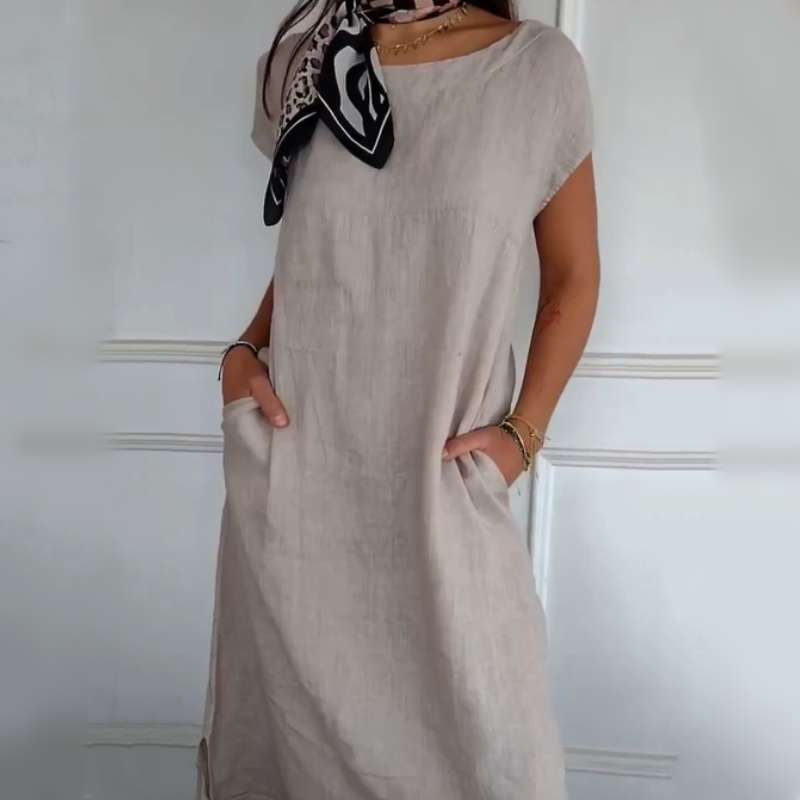 Round Neck Solid Color Cotton Linen Pocket Dress